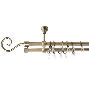 Galerie metalica 200 cm pentru perdele cu prindere in tavan, dubla, model Carlig, grosime 19 mm, auriu antic, KIT COMPLET Galerie metalica 200 cm pentru perdele cu prindere in tavan, dubla, model Carlig, grosime 19 mm, auriu antic, KIT COMPLET