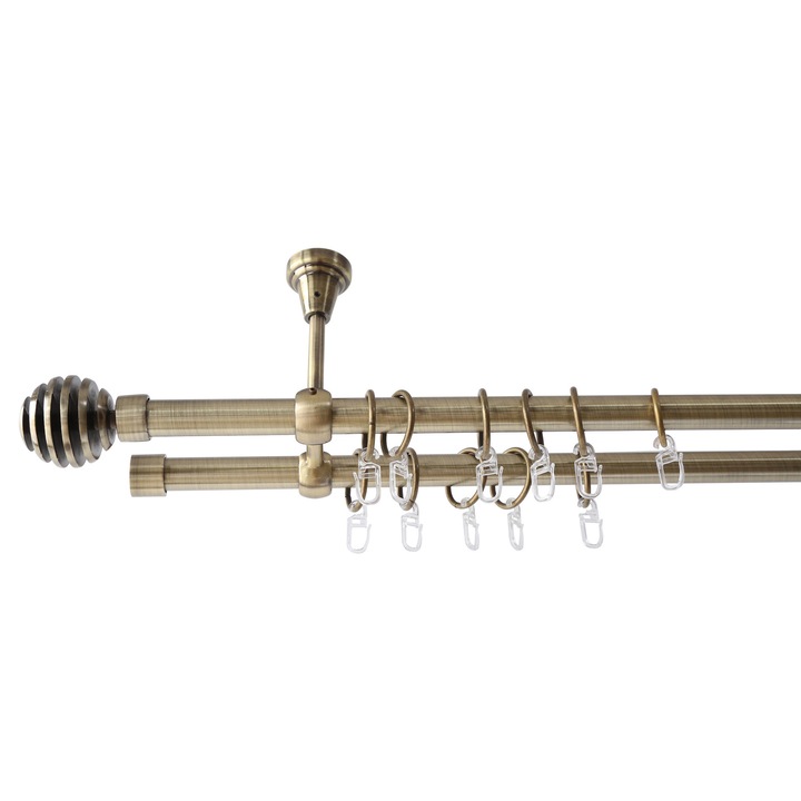 Galerie metalica 200 cm pentru perdele cu prindere in tavan, dubla, model Verona, grosime 19 mm, auriu antic, KIT COMPLET