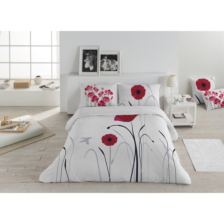 Lenjerie de pat pentru 2 persoane, Kring, 144TC, bumbac ranforce, Maci