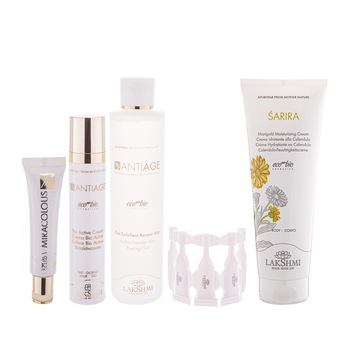 Set produse antiage crema de zi, gel exfoliant, crema contur ochi, cutie 25 fiole vitamina E plus cadou o crema corporala organica, Lakshmi Set produse antiage crema de zi, gel exfoliant, crema contur ochi, cutie 25 fiole vitamina E plus cadou o crema corporala organica, Lakshmi