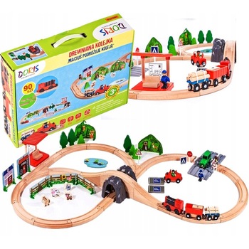 Circuit Trenulet din Lemn Natural cu 90 de Accesorii Incluse  Circuit Trenulet din Lemn Natural cu 90 de Accesorii Incluse