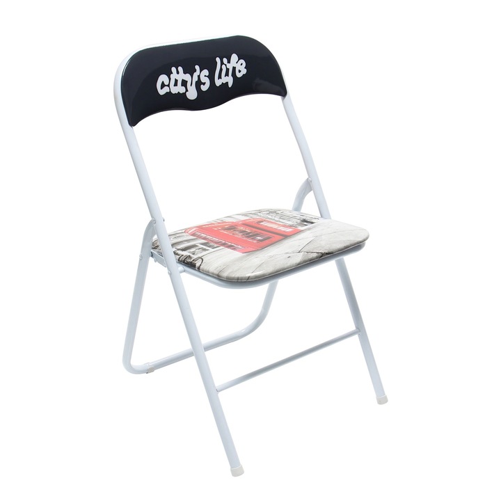 Ramdeco összecsukható konyhai/nappali szék, kárpitozott, fehér acél, fekete és piros PVC