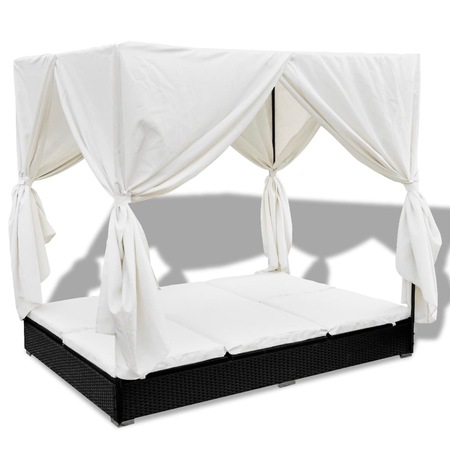 Set sezlong dublu cu baldachin, vidaXL, Negru, Ratan, 197 x 140 x 190 cm