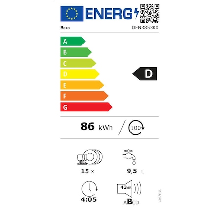 Masina de spalat vase Beko DFN38530X, 15 seturi, 8 programe, Clasa D, 60 cm, Inox