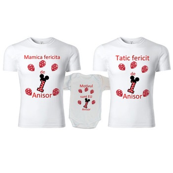 Set tricouri personalizate si body Bumbac, 1 an - Mickey, Alb, S si L Set tricouri personalizate si body Bumbac, 1 an - Mickey, Alb, S si L