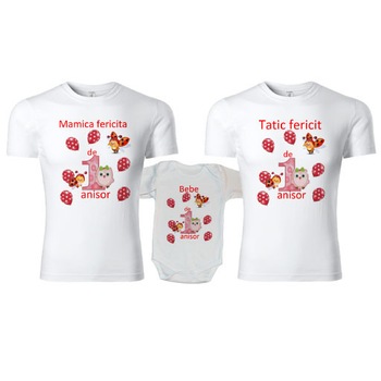 Set tricouri personalizate si body 1 an - Buburuza si Puisor, Alb, M si XL Set tricouri personalizate si body 1 an - Buburuza si Puisor, Alb, M si XL