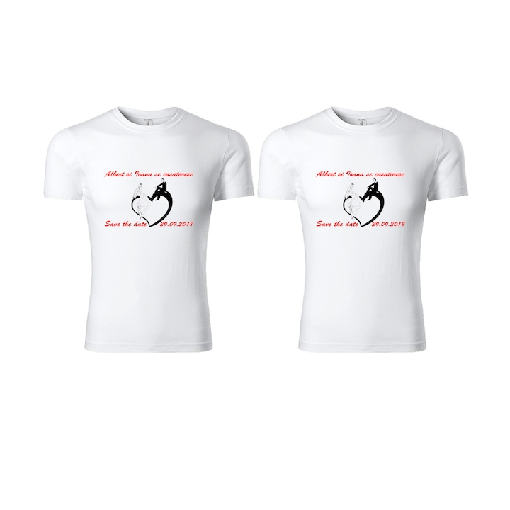 Set tricouri personalizate Save the Date, Alb cu rosu, S si M