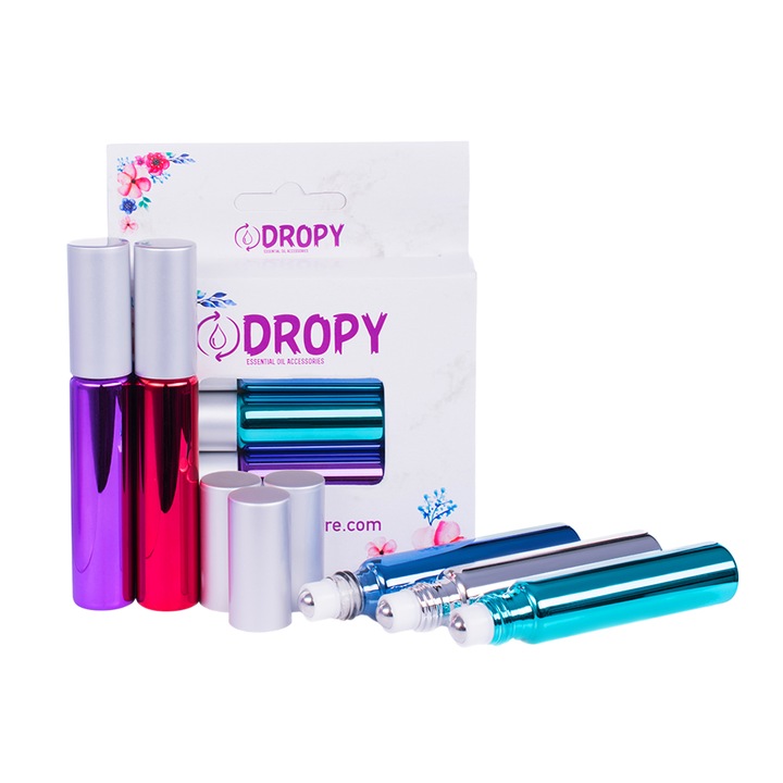 DROPY roll-on kozmetikai tartály készlet, 5 db-os, illóolajokhoz, 10 ml, UV színkeverék