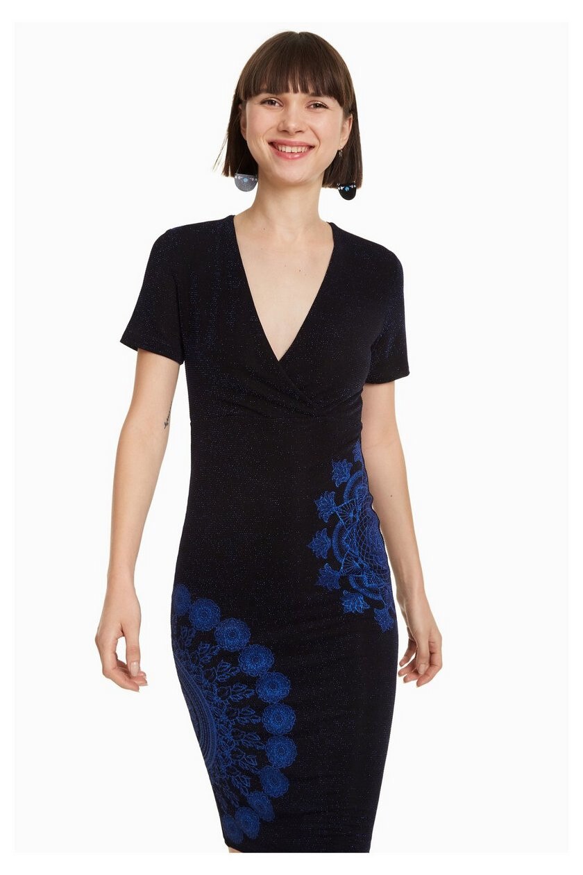 Rochie dama, Desigual, cambrata, stralucitoare, Elif, Albastru/Negru