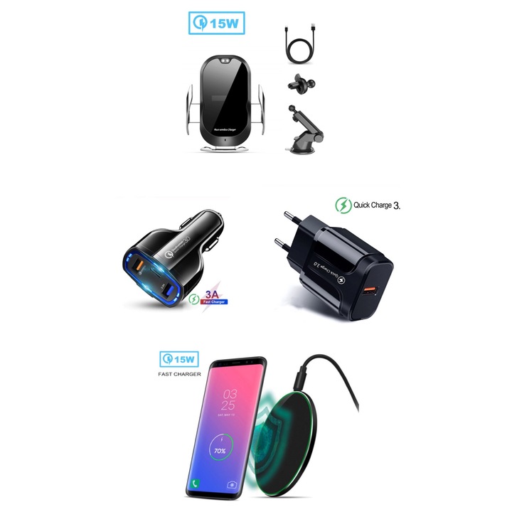 4 db-os készlet, Autós tartó, Okos érzékelő, vezeték nélküli töltővel, S6A, fekete, ezüst, gyorstöltés 10W,