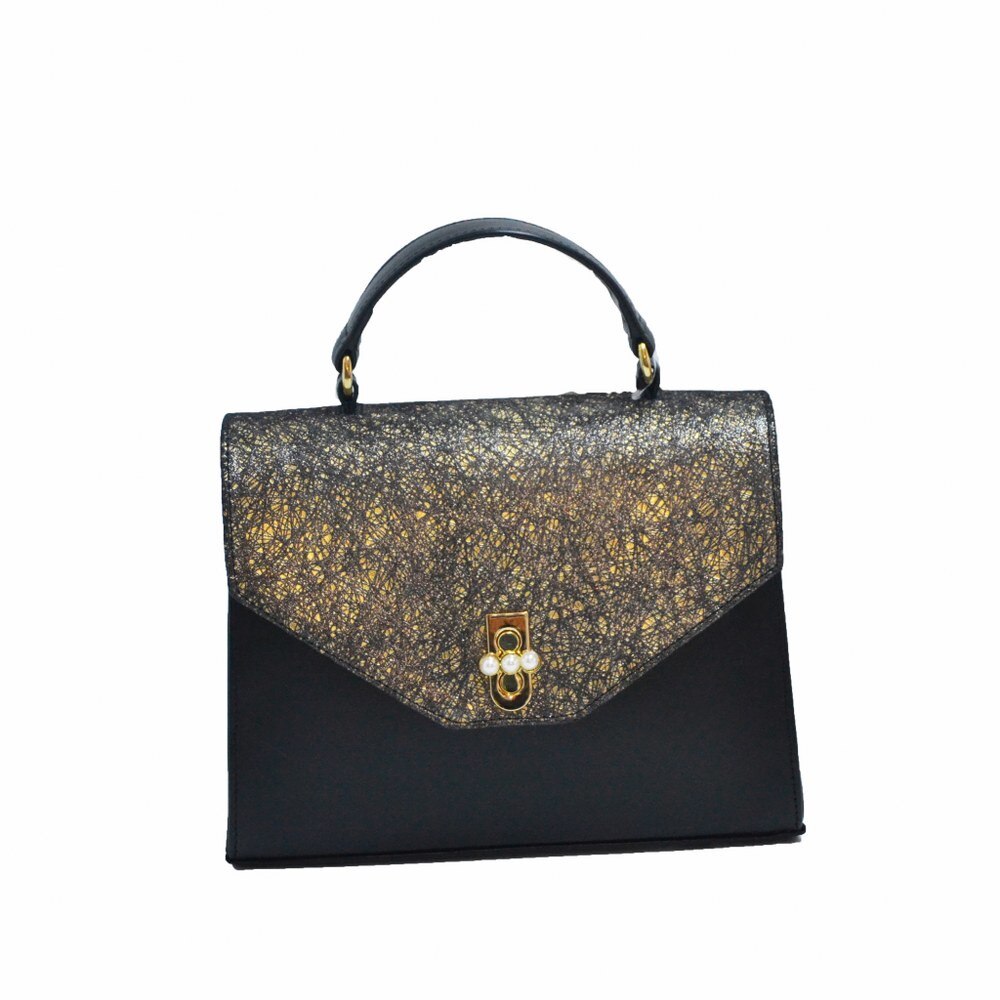 Geanta dama,Zea,piele naturala,neagra aurie perle