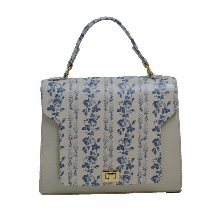Geanta dama,Zea,piele floral, Crem, 30x12x21/30 x 21 x 12 cm