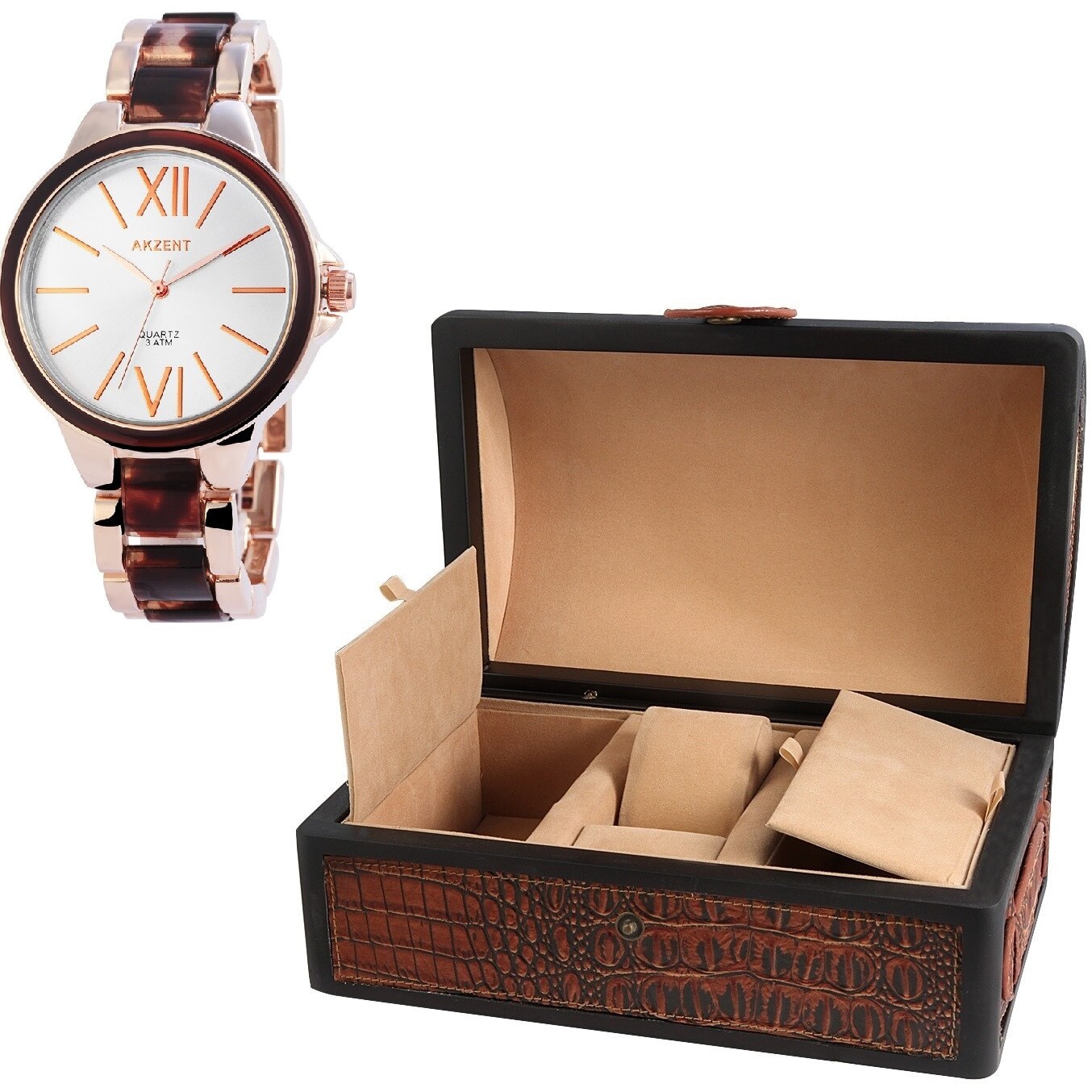 Set cadou , Akzent, Cutie bijuterii + 1 ceas dama Akzent cadou, etui depozitare bijuterii si bratari, cu compartimente pentru 5 ceasuri , 1 ceas excellanc, cu doua compartimente acoperite