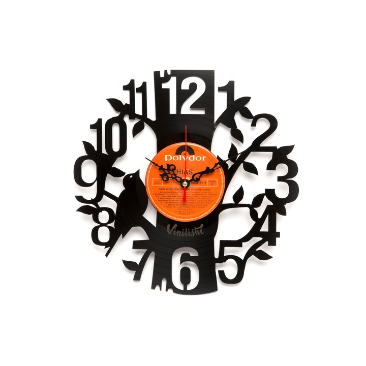 Ceas de perete personalizat din vinil reciclat, Vinilistic, Libell, Pasare, Vinyl, Cadou original, 30 cm