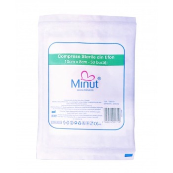 Comprese sterile taiate Minut 23 g, 10cm x 8cm x 25 plicuri Comprese sterile taiate Minut 23 g, 10cm x 8cm x 25 plicuri