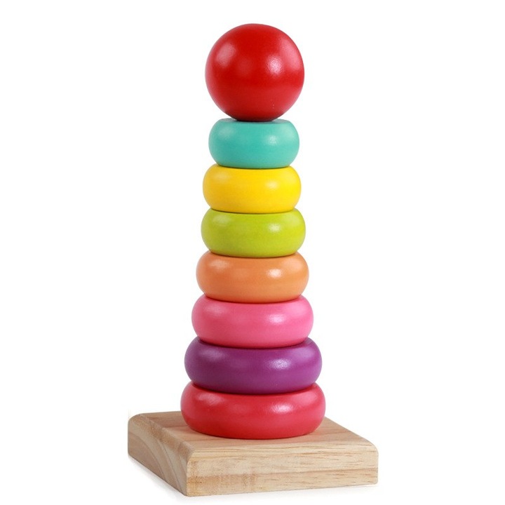 Jucarie educativa si interactiva pentru copii, Turn multicolor de stivuire Montessori din lemn, DLP060