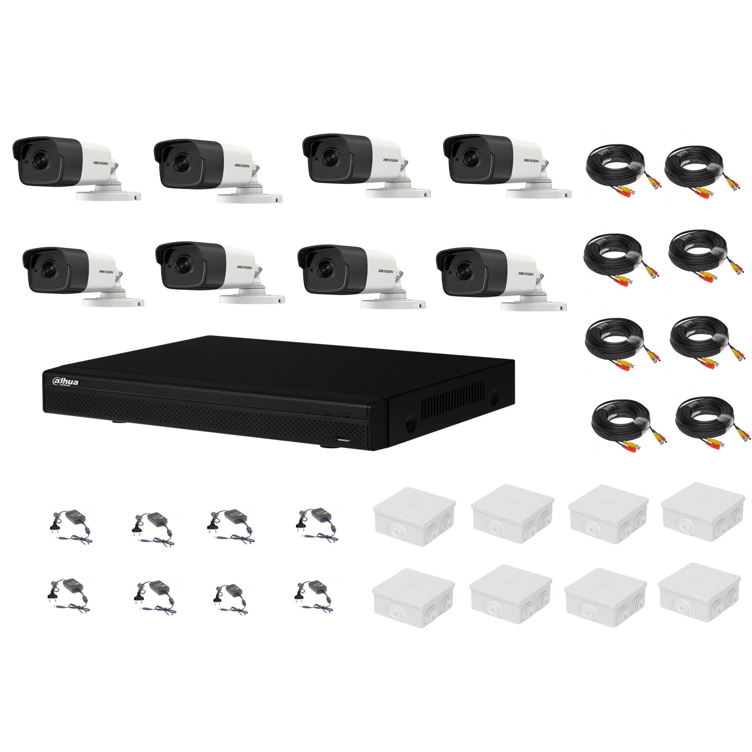 Sistem supraveghere complet 8 camere Hikvision 2MP IR 40m, DVR Dahua Pentabrid FULL HD, accesorii