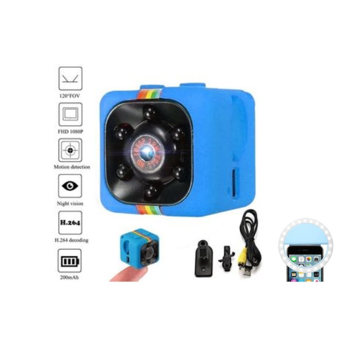 SQ11 MINI DV, Mini HD Full Spy kamera, Videó és fotó funkcióval, Kék + Kék szelfigyűrű