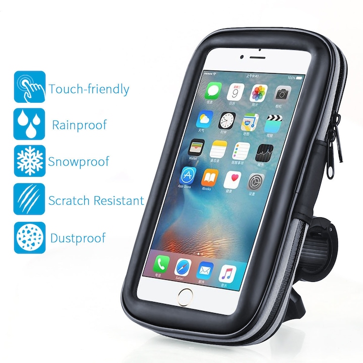 Suport husa telefon mobil Carsons pentru bicicleta si motocicleta, rezistent apa si socuri, touchscreen, 360* rotativ, negru