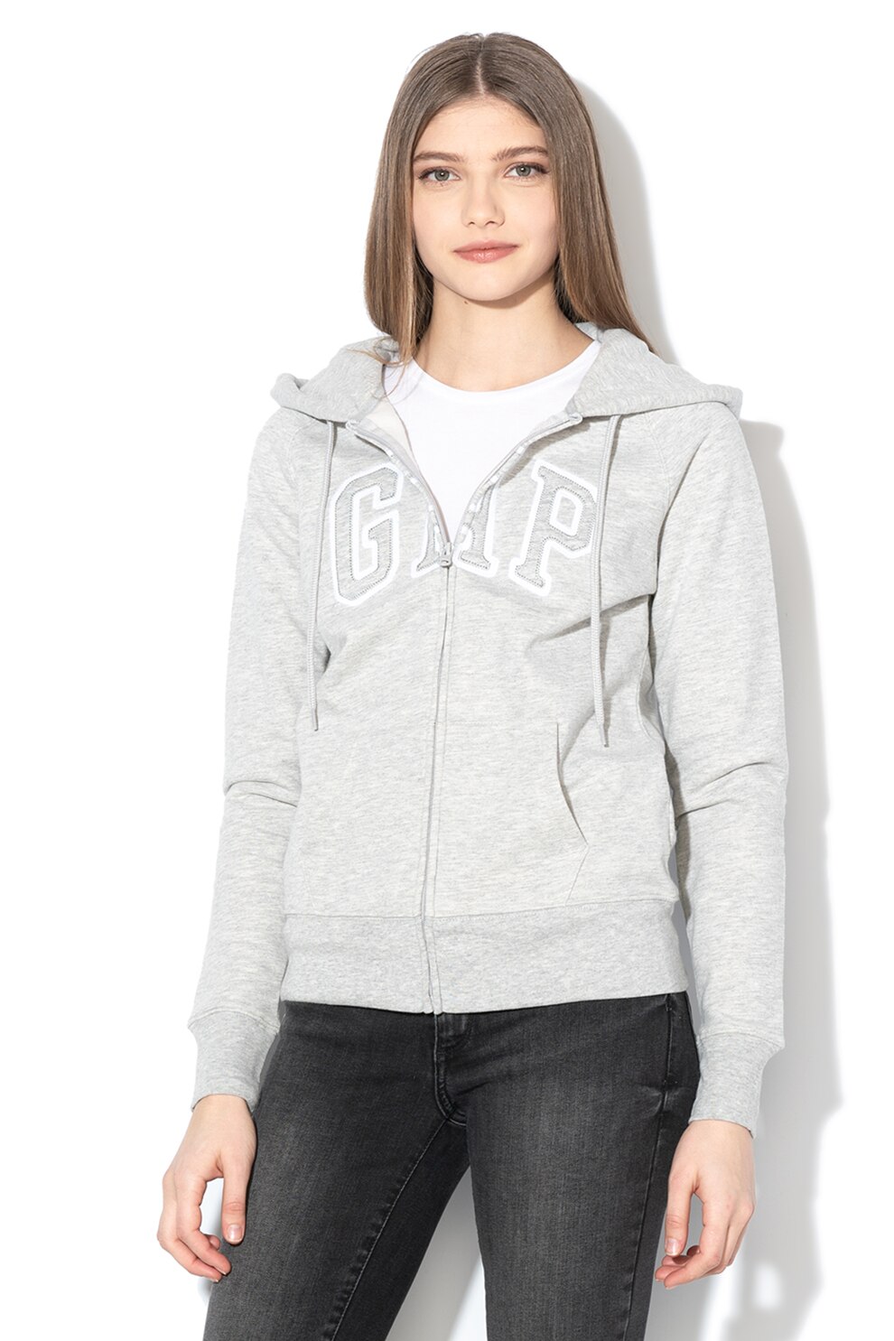 GAP, Hanorac cu fermoar si broderie logo, Gri deschis