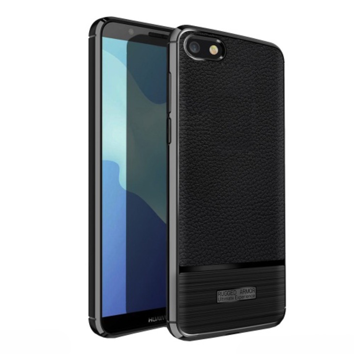 Huawei Y5 2018 (Y5 Prime 2018) telefontok gumi / szilikon (közepesen ütésálló, bőrhatás, szálcsiszolt) Fekete