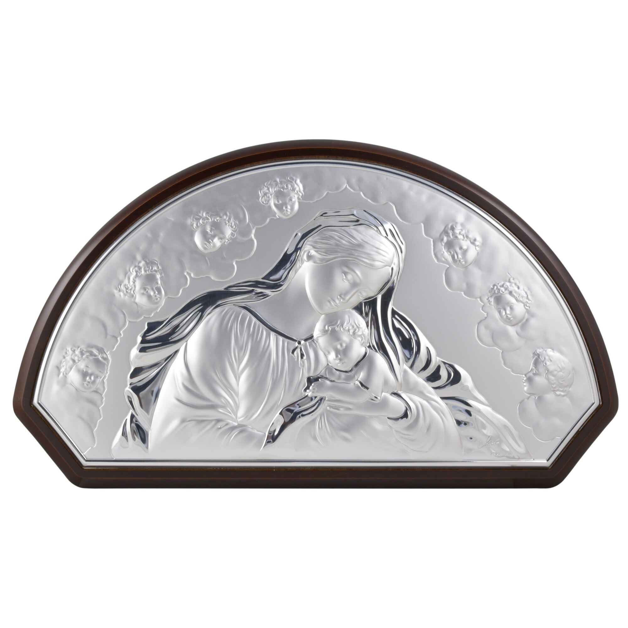 Icoana placata cu argint - Maica Sfanta si pruncul - Semiluna, finisaj lemn alun, 32*19 cm, 3/4