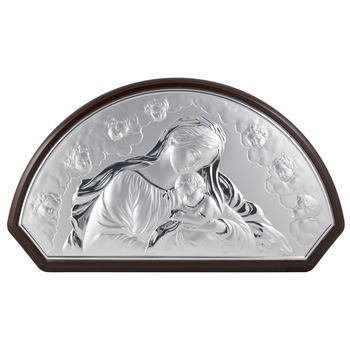 Icoana placata cu argint - Maica Sfanta si pruncul - Semiluna, finisaj lemn alun, 32*19 cm, 3/4 Icoana placata cu argint - Maica Sfanta si pruncul - Semiluna, finisaj lemn alun, 32*19 cm, 3/4