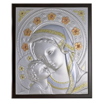 Icoana placata cu argint, pictata manual - Maica Domnului cu pruncul, flori roz - Pietre zirconiu, finisaj lemn alun, marime mare Icoana placata cu argint, pictata manual - Maica Domnului cu pruncul, flori roz - Pietre zirconiu, finisaj lemn alun, marime mare