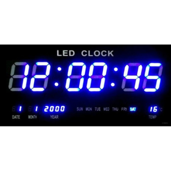 Електронен стенен часовник със светодиоди и голям ултратънък дигитален дисплей, син