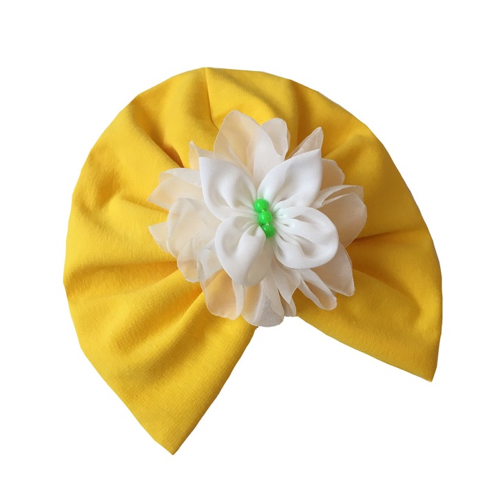 Turban primavara galben cu floare si fluture alb, Galben