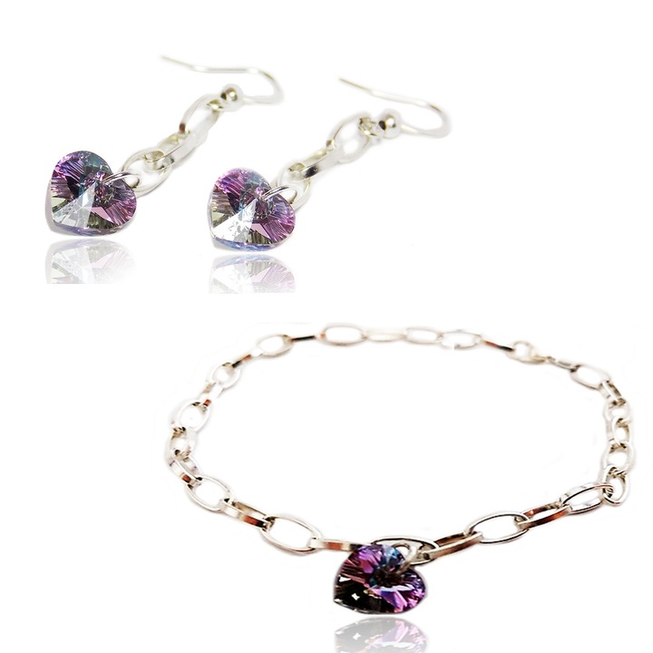 Set cercei si bratara dama, Olimon MDM, Aliaj, cu cristale Swarovski® Heart, Vitrail light, Violet