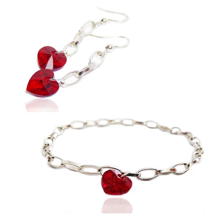 Set cercei si bratara dama, Olimon MDM, Aliaj, cu cristale Swarovski® Heart, Siam ab, Rosu