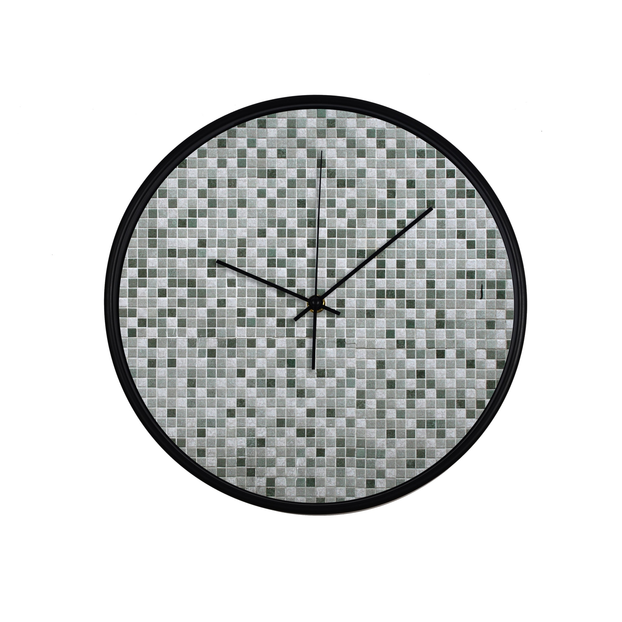 Ceas perete, produs DekoStore, pentru birou, living sau showroom, cu mecanism silentios, Pietre mozaic, diametru 30 cm, rama neagra din plastic