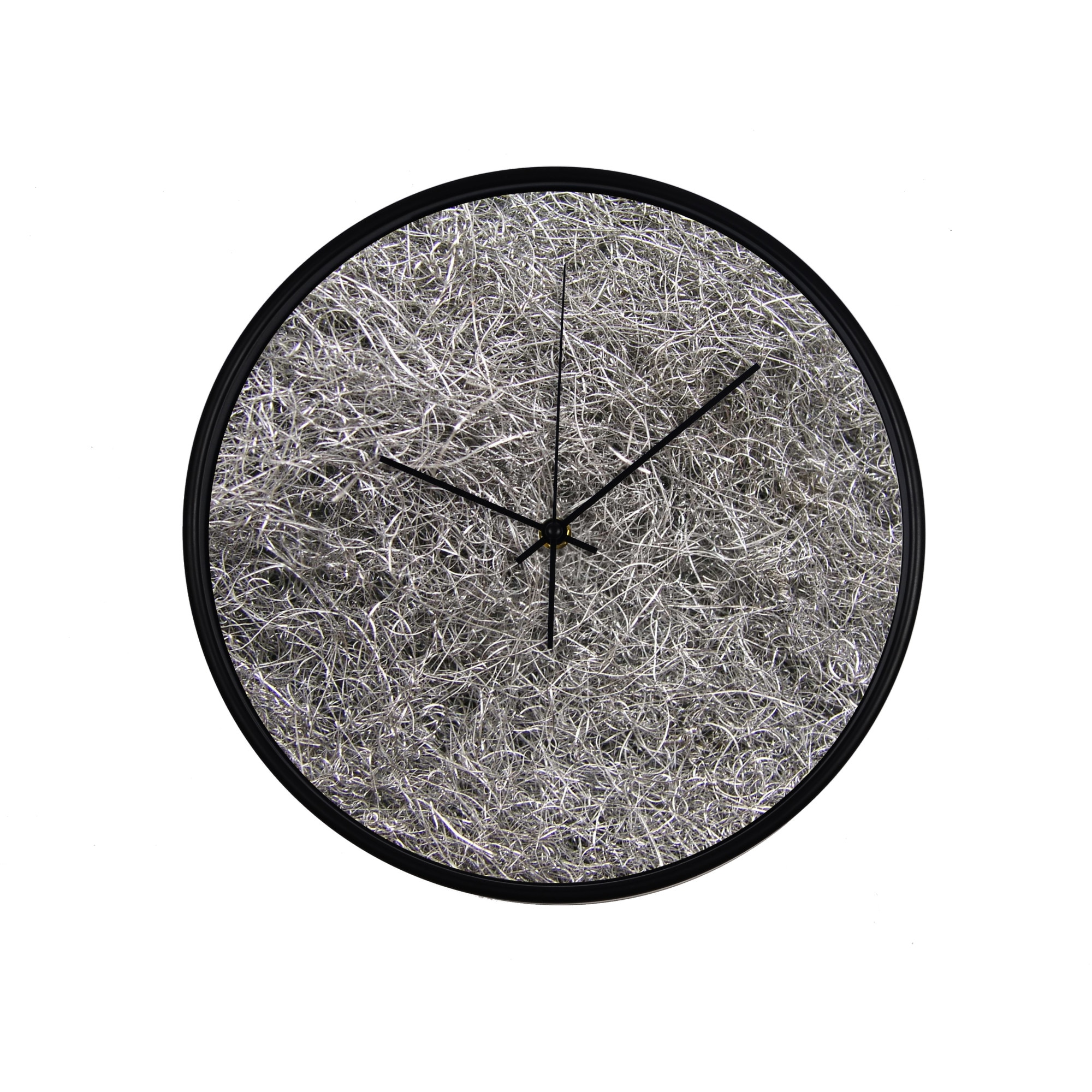 Ceas perete, produs DekoStore, pentru birou, living sau showroom, cu mecanism silentios, Fibre textile, diametru 30 cm, rama neagra din plastic