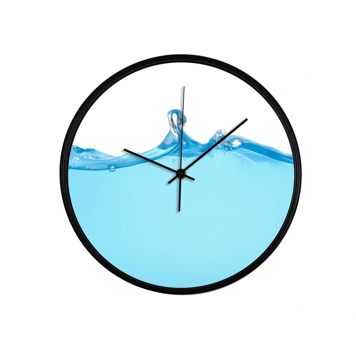 Ceas perete, produs DekoStore, pentru birou, living sau showroom, cu mecanism silentios, Apa albastra, diametru 30 cm, rama neagra din plastic