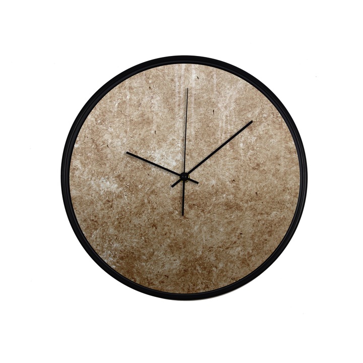 Ceas perete, produs DekoStore, pentru birou, living sau showroom, cu mecanism silentios, Tencuiala decorativa, diametru 30 cm, rama neagra din plastic