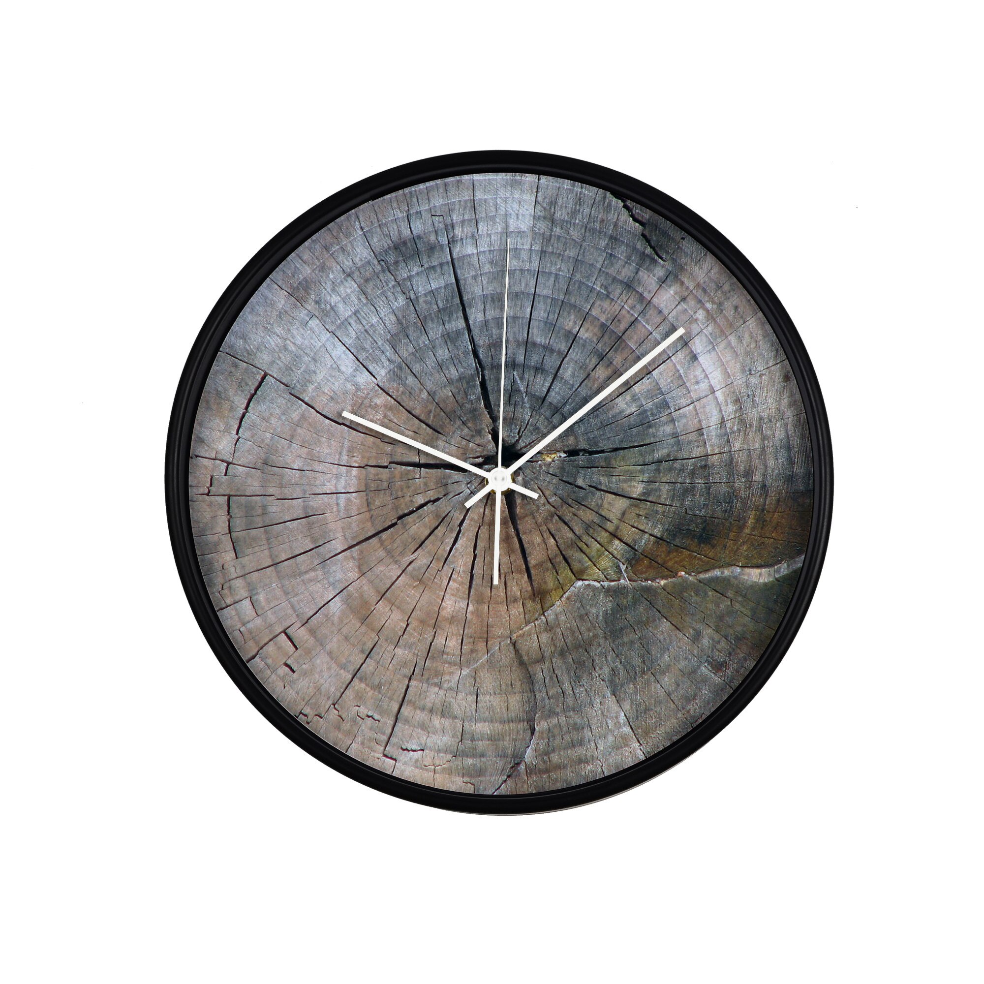 Ceas perete, produs DekoStore, pentru birou, living sau showroom, cu mecanism silentios, Sectiune in trunchi de copac, diametru 30 cm, rama neagra din plastic