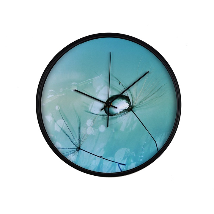 Ceas perete, produs DekoStore, pentru birou, living sau showroom, cu mecanism silentios, Roua diminetii pe flori, diametru 30 cm, rama neagra din plastic