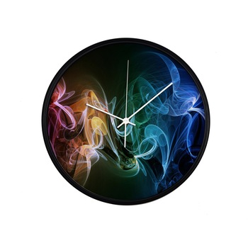 Ceas perete, produs DekoStore, pentru birou, living sau showroom, cu mecanism silentios, VIbratie multicolora, diametru 30 cm, rama neagra din plastic Ceas perete, produs DekoStore, pentru birou, living sau showroom, cu mecanism silentios, VIbratie multicolora, diametru 30 cm, rama neagra din plastic
