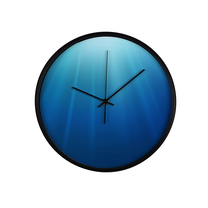 Ceas perete, produs DekoStore, pentru birou, living sau showroom, cu mecanism silentios, Adancul oceanului, diametru 30 cm, rama neagra din plastic