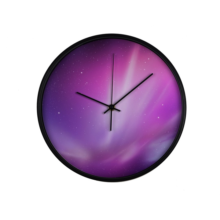 Ceas perete, produs DekoStore, pentru birou, living sau showroom, cu mecanism silentios, Violet Sky, diametru 30 cm, rama neagra din plastic