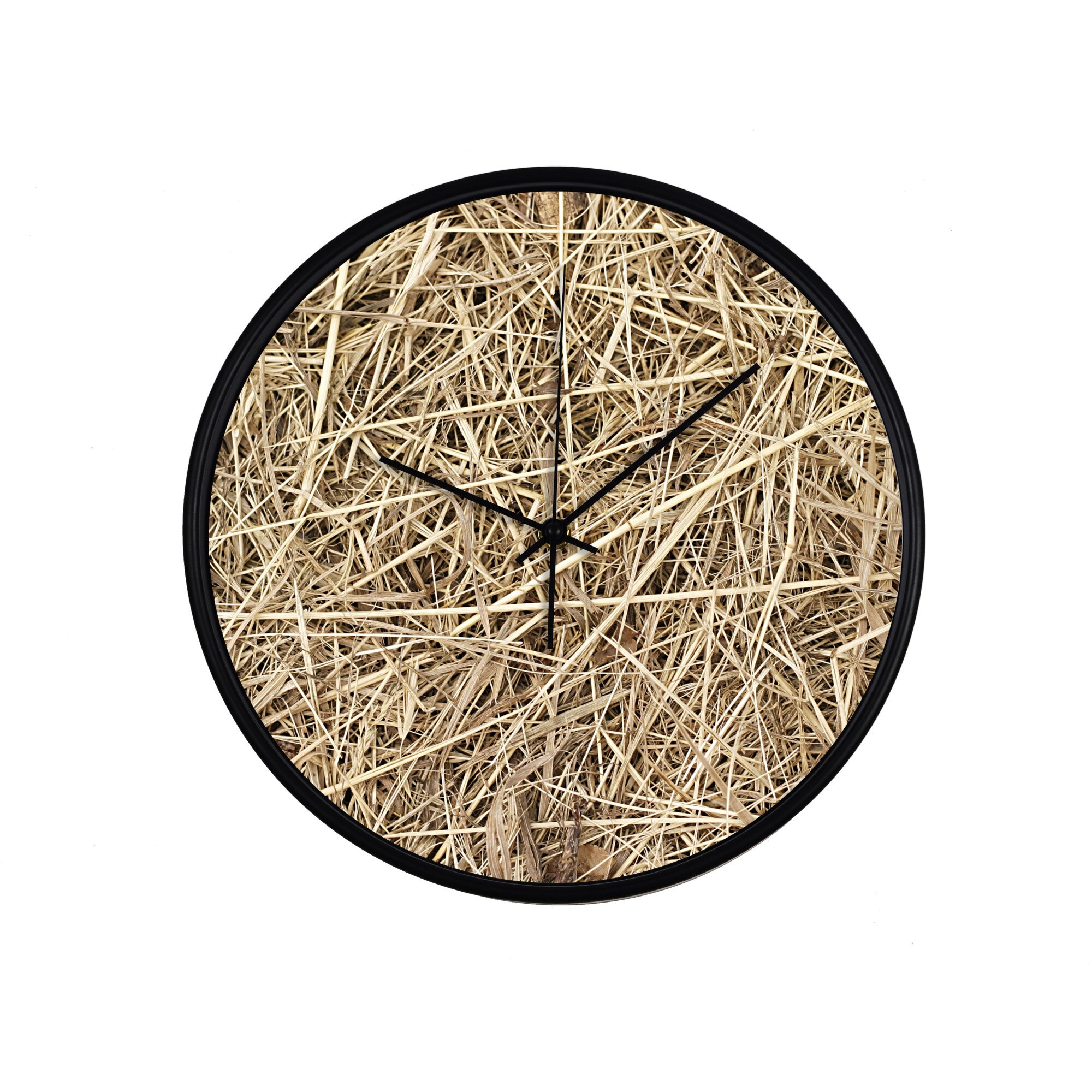 Ceas perete, produs DekoStore, pentru birou, living sau showroom, cu mecanism silentios, Paie, diametru 30 cm, rama neagra din plastic