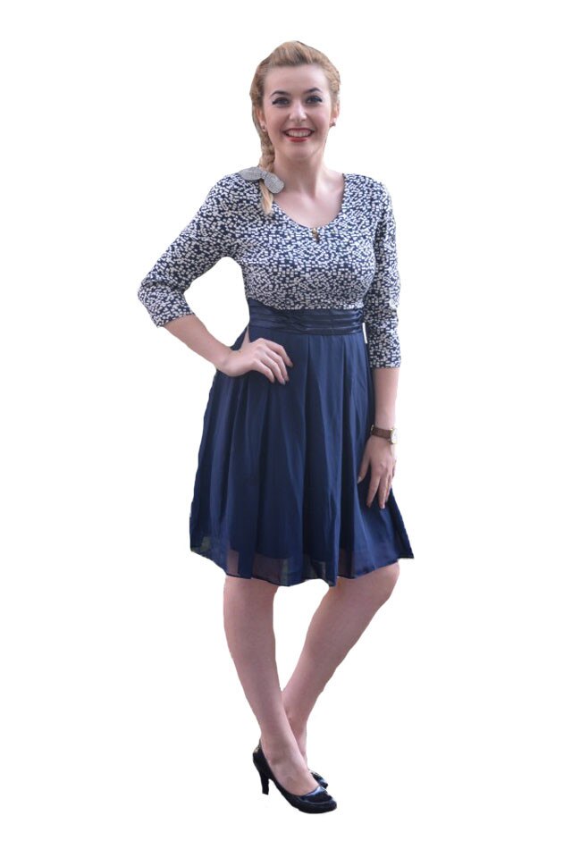 Rochie de ocazie cu fir auriu si voal, D&J Exclusive, Bleumarin-Alb