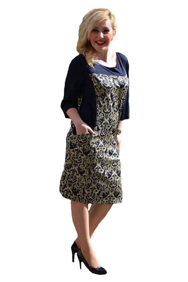 Rochie de zi cu buzunare drepte si imprimeu auriu, D&J Exclusive, Albastru marin