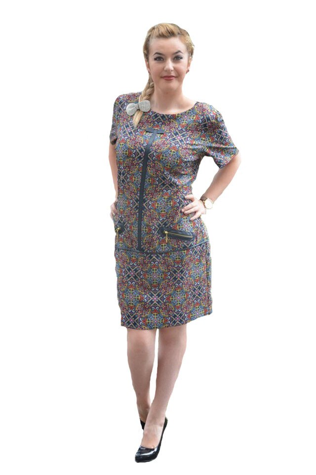 Rochie de zi cu decor de piele si fermoar, D&J Exclusive, Albastru marin