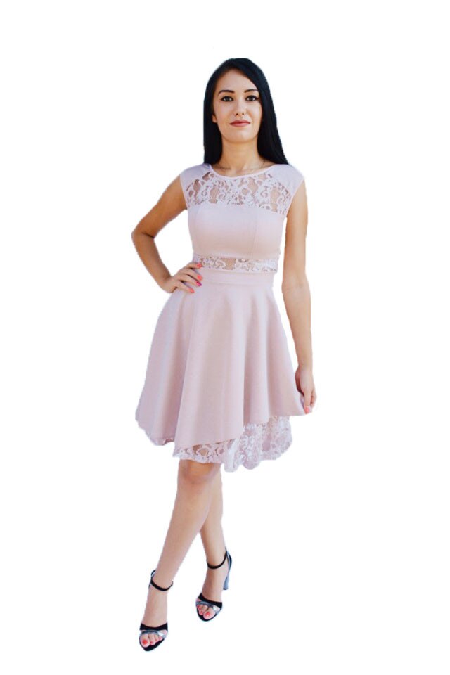 Rochie scurta de ocazie cu insertii de dantela, D&J Exclusive, pudra
