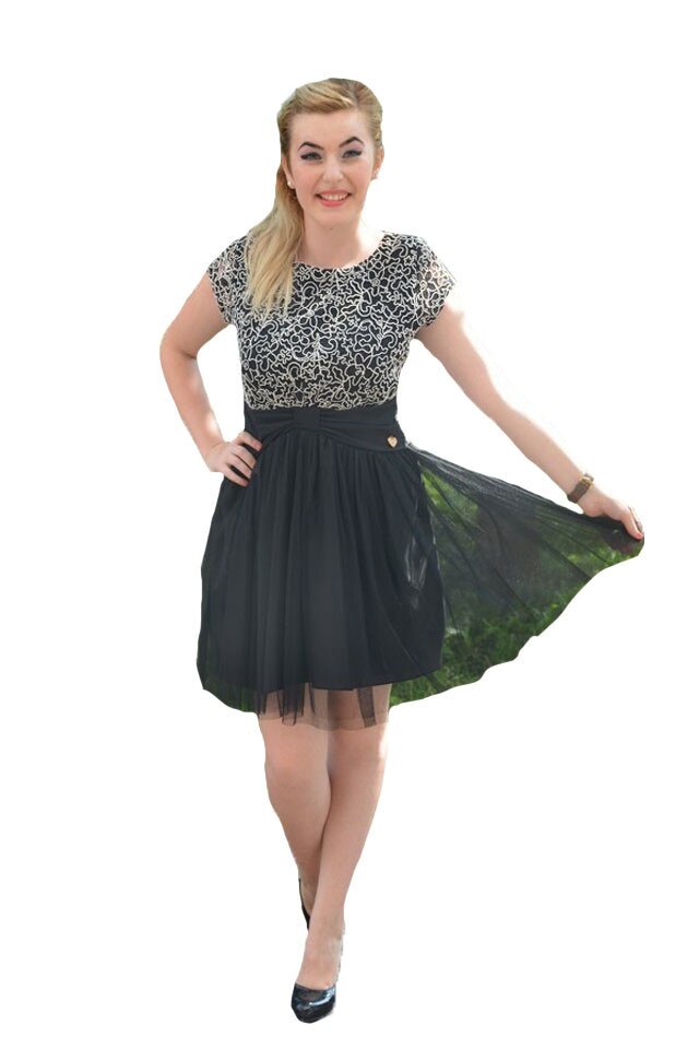 Rochie eleganta din tul si broderie deosebita, D&J Exclusive, Negru-Alb