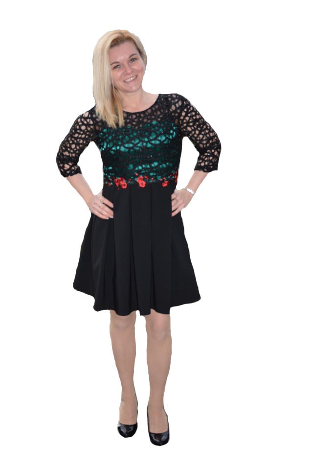 Rochie de ocazie din dantela si broderie rosie, D&J Exclusive, Negru