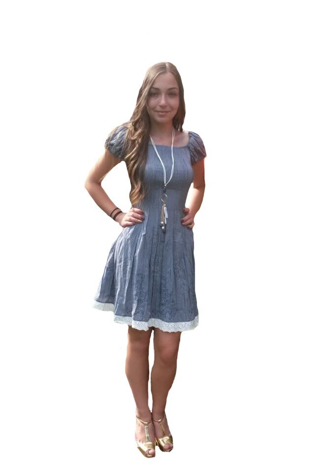 Rochie de vara cu aspect creponat si imprimeu in tesatura, D&J Exclusive, Albastru deschis