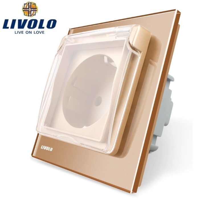 Влагозащитен единичен контакт LIVOLO с кристална рамка, златист IP44 VL-C7C1EUWF-13